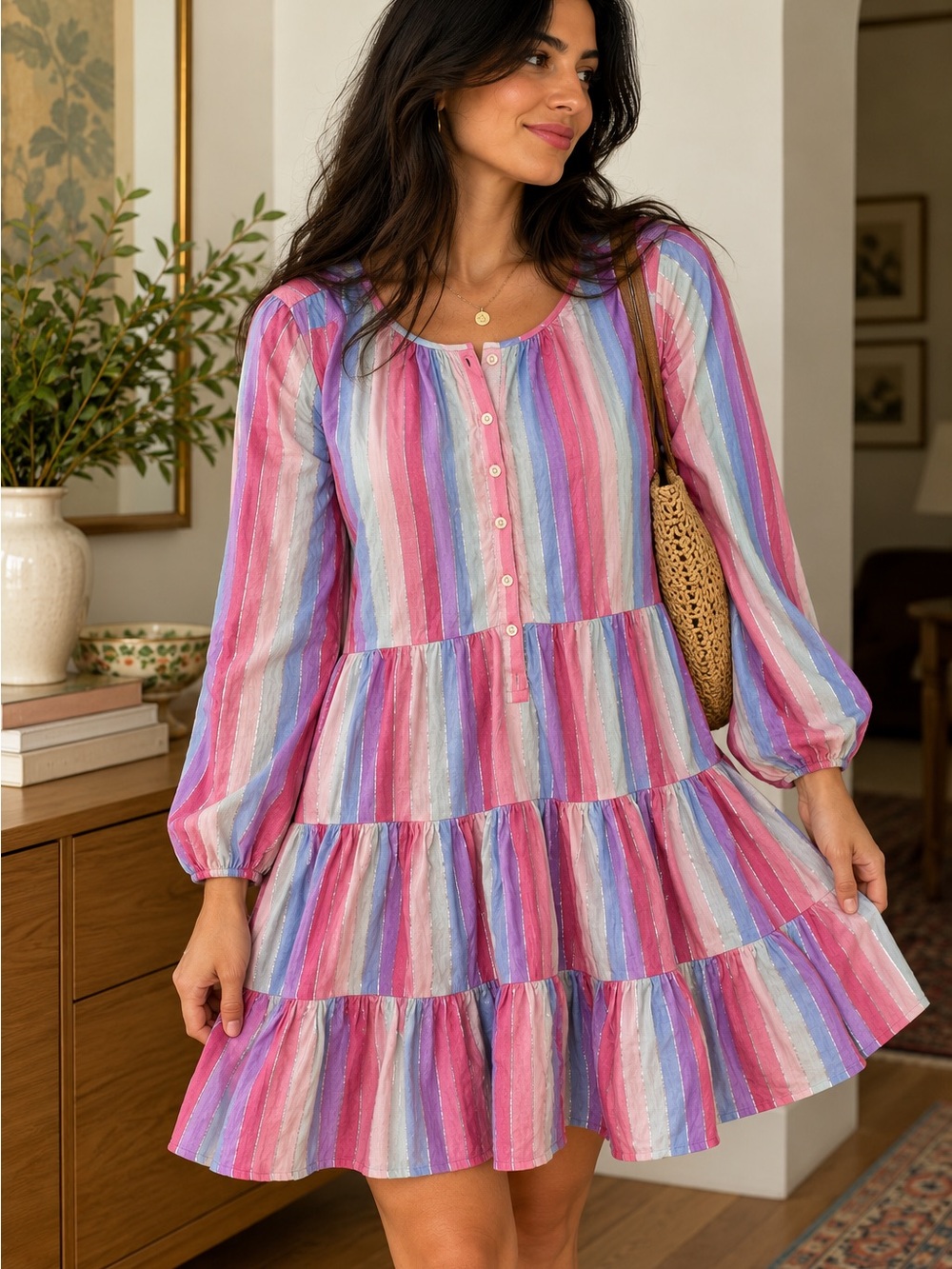 J.Crew Pastel Metallic Stripe Tiered Mini Dress Size S with POCKETS